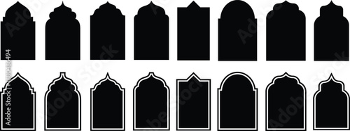 Collection of black silhouette islamic arch shapes with intricate details perfect for adding an authentic touch to your design projects and cultural representations