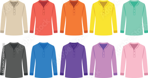Colorful long sleeve henley shirt vector set for men flat clothing illustration