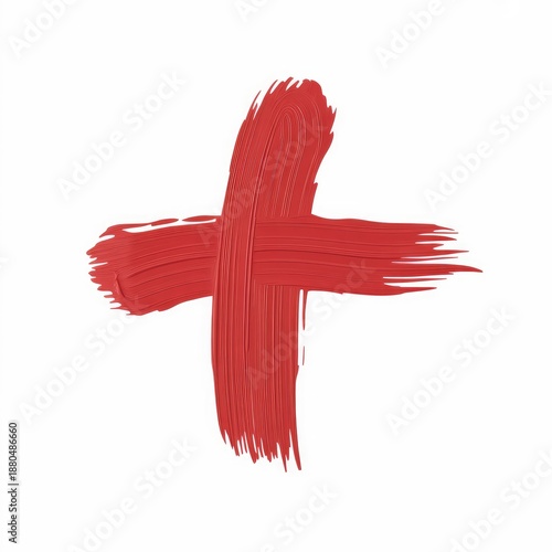 Vibrant red cross made with bold brush strokes on white background