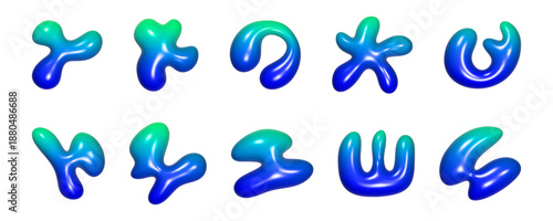 A collection of abstract 3D liquid shapes showcases unique forms with glossy textures that shift hues from deep blue to vibrant green, presenting a playful and artistic composition.