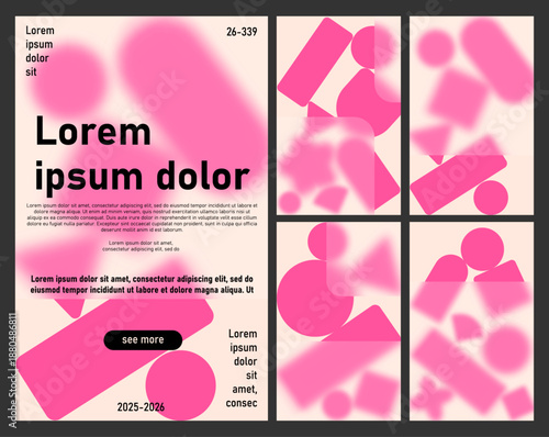 Set of vertical templates in pink combines geometric shapes and a "glass morpheme" effect. It showcases a contemporary design for advertising.