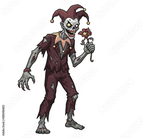Undead jester, creepy clown, horror character, Halloween art, skeletal face, wilted flower, spooky costume, dark fantasy, eerie design, scary illustration
