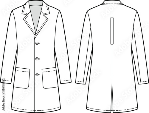 Unisex Lab Coat Flat Sketch, Medical Coat CAD with Back Vent & Patch Pockets, Front and Back Technical Drawing