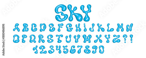 Colorful wavy 3D font depicting liquid letters and numbers with a glossy reflective texture on a white background.