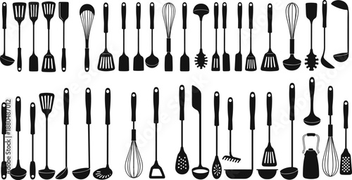 Utensils, Kitchen, Tools, Cooking, Culinary, Equipment, Gadgets, Cutlery, Cookware, Appliance, Spoon, Spatula, Ladle, Whisk, Grater, Peeler, Masher, Server, Accessory, Silhouette