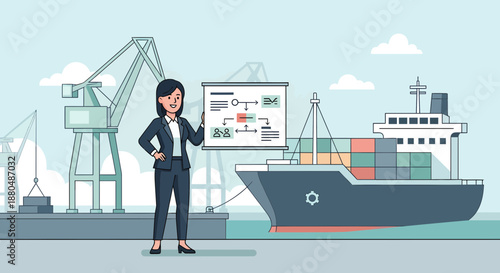 Businesswoman Presenting Shipping Logistics at Dockyard.