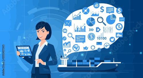 Businesswoman with tablet and cargo ship icons.