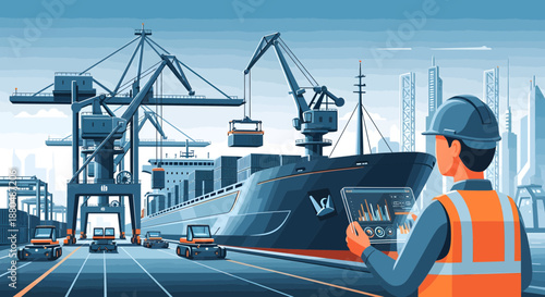 Dockworker Operating Tablet Near Cargo Ship.