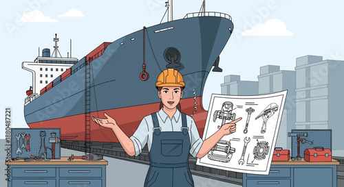 Engineer Holding Blueprint Near Large Ship Model.