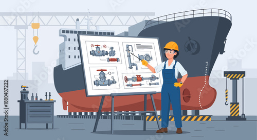 Engineer presenting blueprint near large ship.