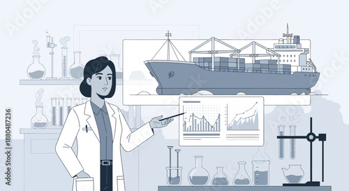 Female Scientist Analyzing Shipping Data on Screen.