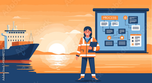 Female dockworker holding clipboard near container.