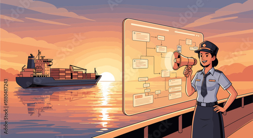 Female Shipping Officer Inspecting Cargo Ship.