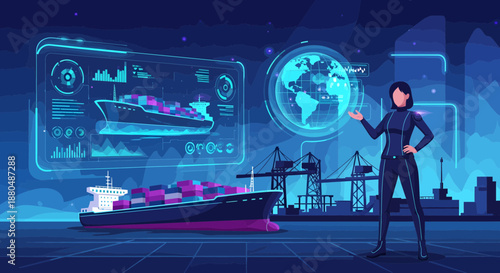 Futuristic Woman Controlling Global Shipping Operations.