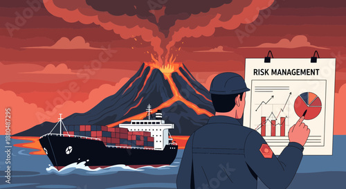 Man Analyzing Risk Management Charts Near Volcano.