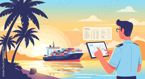 Man in Uniform Holding Tablet Near Ship.