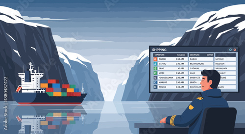 Man in uniform monitoring cargo ship on computer screen.