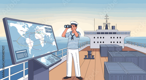 Man on Ship Deck with Binoculars.