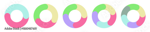 循環型プロセスを示すカラフルな円形チャート図形のセット　2・3・4・5・6ステップのサイクル図のベクターイラスト画像