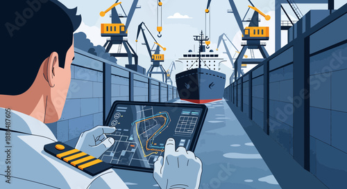 Ship Captain Controlling Vessel at Dock.