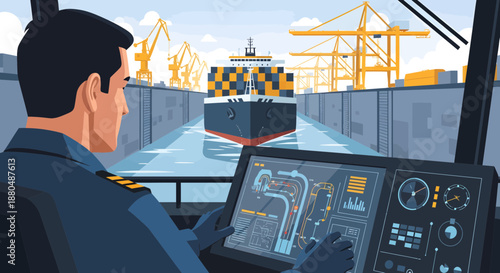Ship Captain Navigating Vessel through Dockyard.