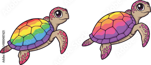 Cartoon sea turtles, rainbow shells, colorful flippers, vector illustration, cute marine animals, expressive eyes, whimsical design, isolated, underwater theme, adorable style