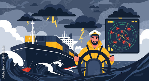 Ship Captain Steering Vessel through Stormy Weather.