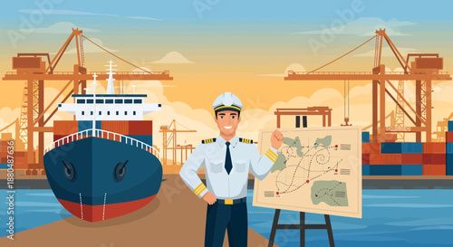 Shipping Captain Standing with Nautical Map.