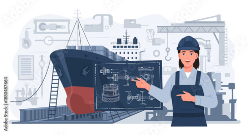 Woman Engineer Designing Ship on Computer Screen.