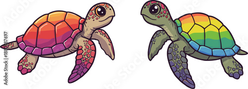 Cartoon sea turtles, rainbow shells, colorful limbs, vector illustration, cute marine animals, expressive eyes, whimsical style, isolated, underwater theme, vibrant design