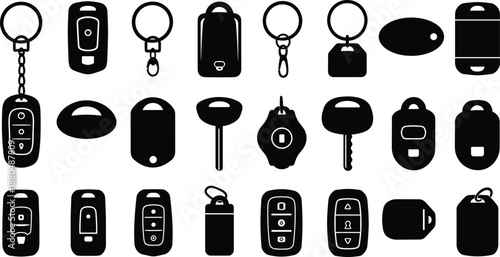 Vector car key fob icons set, black silhouette remote designs, modern automotive access tools, vehicle security smart key illustration