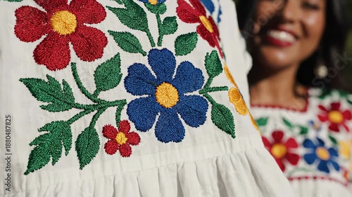 Close-up of a womans traditional embroidered dress with colorful floral patterns.