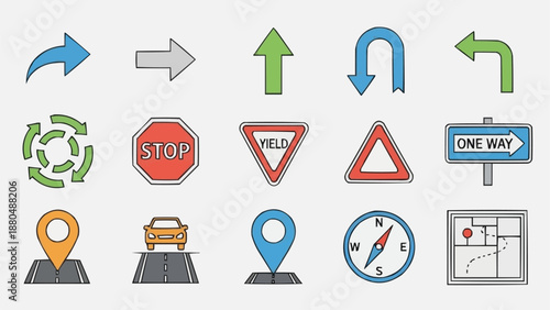 Collection of Road Signs and Navigation Icons.