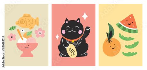 Asian food and culture posters, vertical banners. Minimal geometric japanese korean thai chinese cuisine, taiyaki fish, ice cream. Maneki neko, Japan cat. Juzu fruit, watermellon. Flat background.