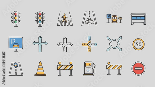 Collection of traffic and road signs icons.