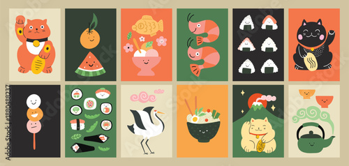 Asian food and culture posters, vertical banners. Minimal geometric japanese korean thai chinese cuisine, sushi shrimp sashimi onigiri salmon rice ramen tom yum soup. Maneki neko, Japan crane, Fuji .