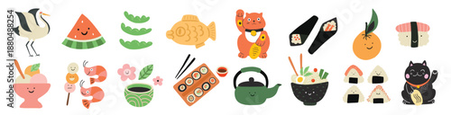 Asian cuisine cartoon set of stickers. Maneki neko, Japan crane. Food, dishes, onigiri, juzu, ramen, noodles, sushi, traditional dishes. Japanese cafe bar restaurant. Vector shapes of national East.