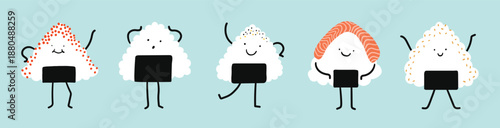Cartoon cheerful onigiri funny smiling fast food characters set. Isolated vector cute japanese meal personage with happy smiling face, simple style, stick legs and arms. Different onigiri collection.