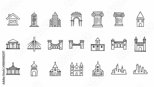 Collection of various architectural building icons in line art style.