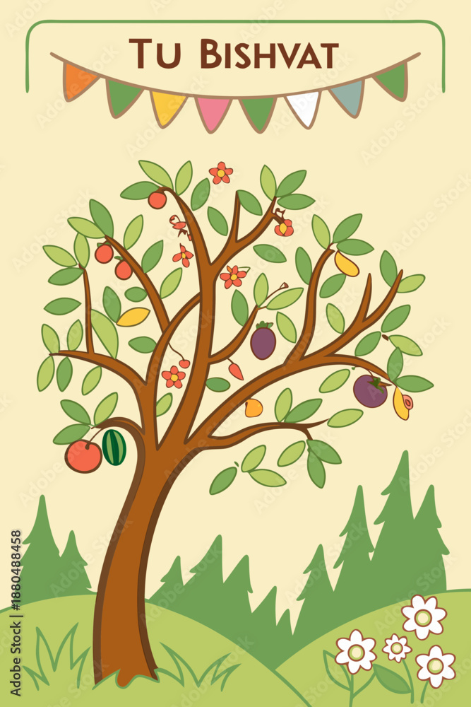 Fototapeta premium Tu Bishvat tree with fruits illustration