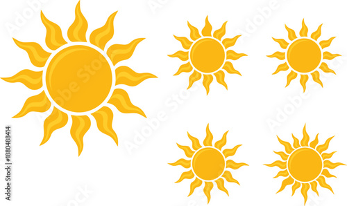 Sun icon set vector illustration bright yellow sunshine symbols in different sizes isolated weather and summer design