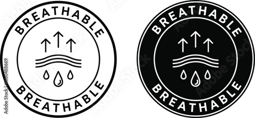 Breathable fabric label icon vector illustration air flow moisture wicking textile badge in outline and solid styles