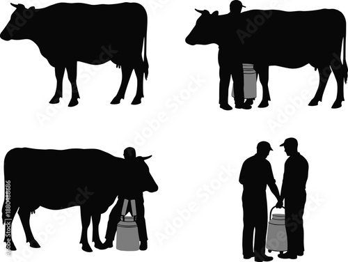 Farmer leading cow silhouettes, livestock illustration set, rural agriculture scene, farm animal care, black vector artwork, village farming, pastoral design