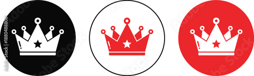 Crown icon set vector illustration royal king queen symbol in black red and outline circle styles