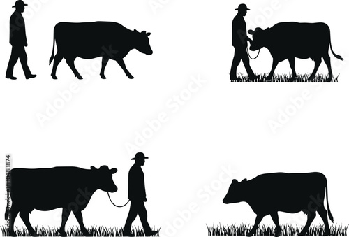 Farmer leading cow silhouettes, livestock illustration set, rural agriculture scene, farm animal care, black vector artwork, village farming, pastoral design