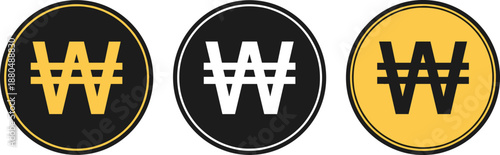 South Korean won currency coin icon set vector illustration financial money symbol in black and gold style