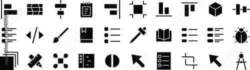 UI Elements, Layout, and Design Controls Solid Icon Set – graphic design, Alignment, Text, Shapes, and Interface Tools solid icon set