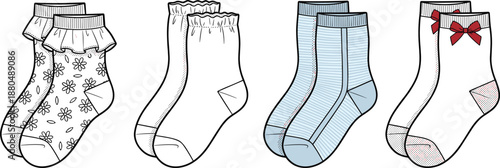 Cute socks illustration, four pairs, floral bow stripe scallop design, kids fashion clipart, colorful vector drawing