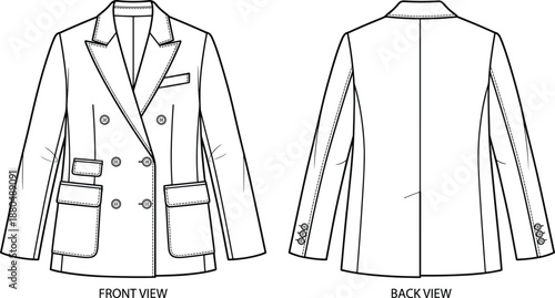 Double-breasted blazer technical sketch, front back view, notched lapel flap pocket fashion drawing, black line illustration