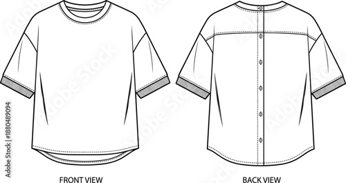 Crewneck sweatshirt technical sketch, front back view, striped neckline curved hem seam detail fashion drawing, black line illustration